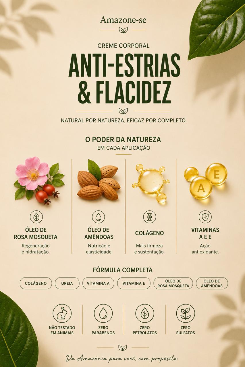 Creme Corporal Anti-estrias e Flacidez Amazone-se – Colágeno, Elasticidade e Firmeza com Ativos Amazônicos 250g
