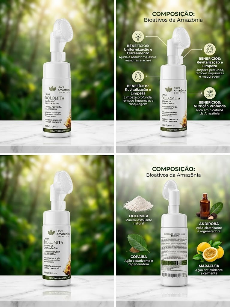 Espuma de Limpeza Facial Dolomita e Melaleuca Amazone-se – Controle de Oleosidade, Antibacteriana e Pele Equilibrada 150ml