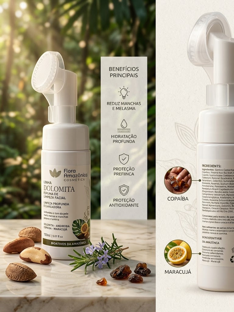 Espuma de Limpeza Facial Dolomita e Melaleuca Amazone-se – Controle de Oleosidade, Antibacteriana e Pele Equilibrada 150ml
