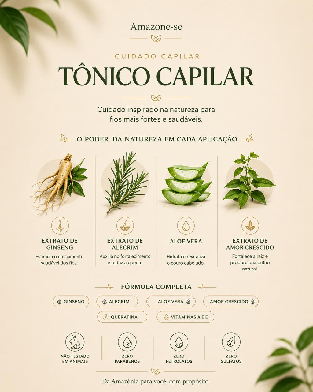 Tônico Capilar Amazone-se – Anticaída, Crescimento e Fortalecimento com Ginseng, Aloe Vera e Jojoba 180ml