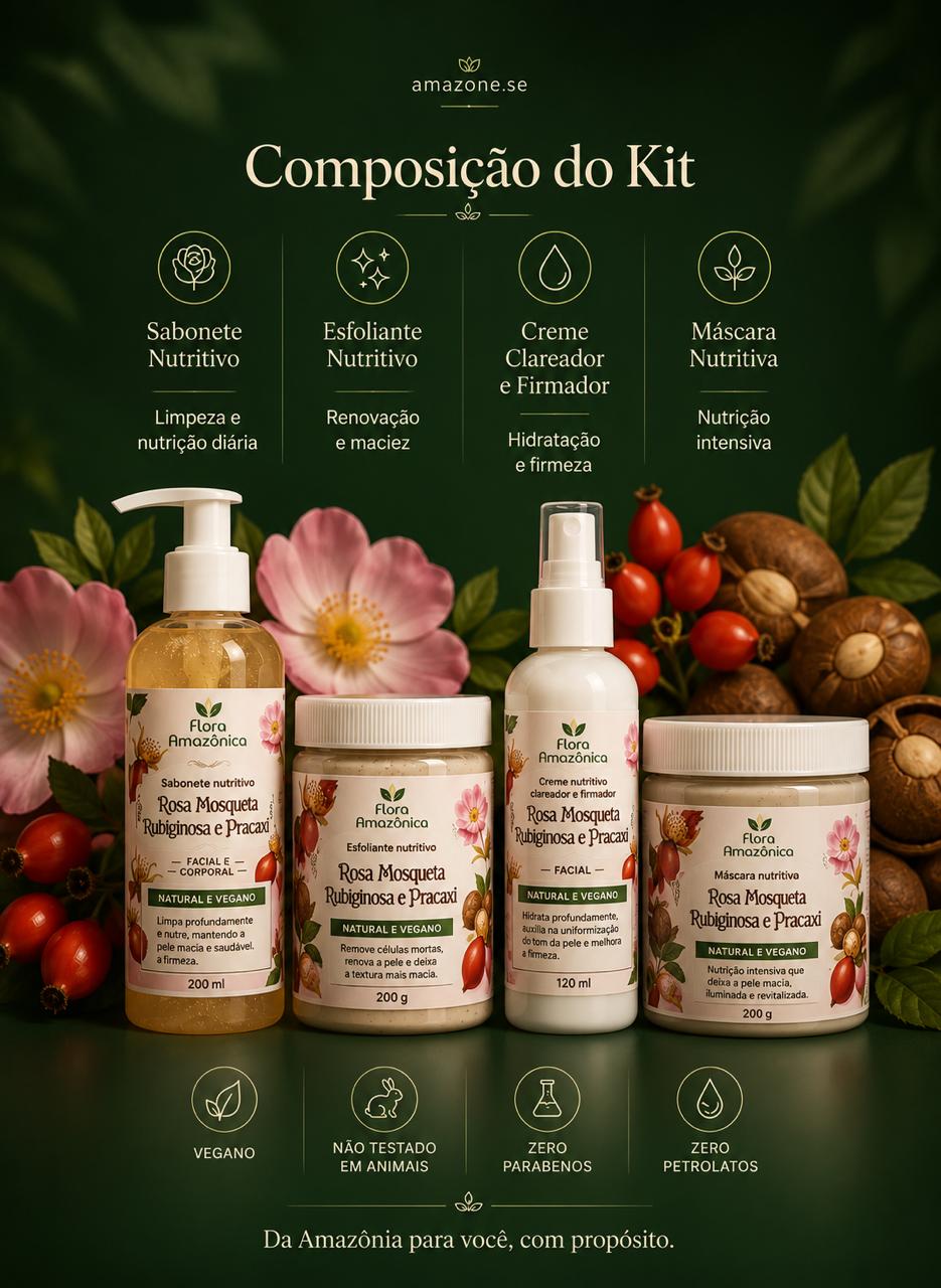 Kit Rosa Mosqueta Amazone-se – Rotina Completa Regeneradora, Anti-idade e Clareadora com 4 Produtos